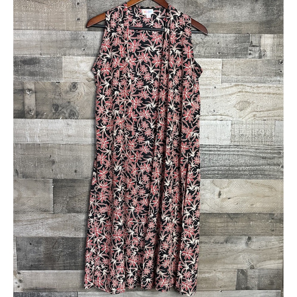 Lularoe Joy Womens S Black & Red Floral‎ Side Slit Sleeveless Vest Duster